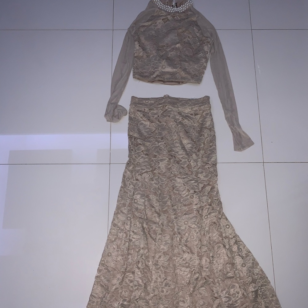 cream two piece prom dress